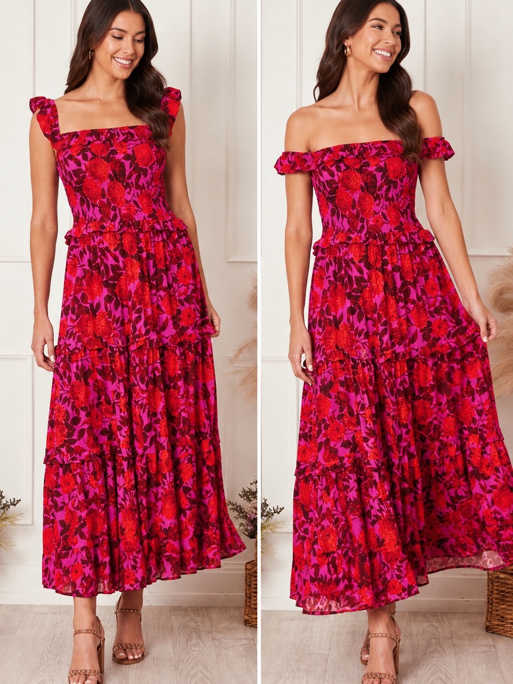 Abel The Label Pink Red Floral Smocked Ruffle Maxi Dress Size Small